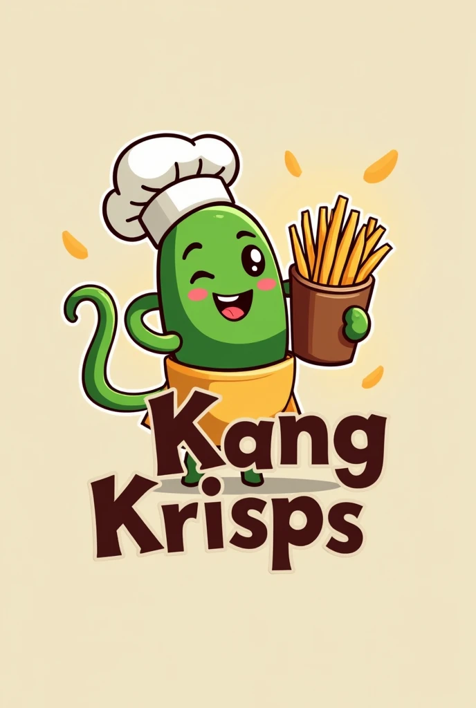 Create a logo for fries made with spinach stem anf name it kang krisps make it creative and cute add krisps put it in a cup and add sauce make it a little brownish