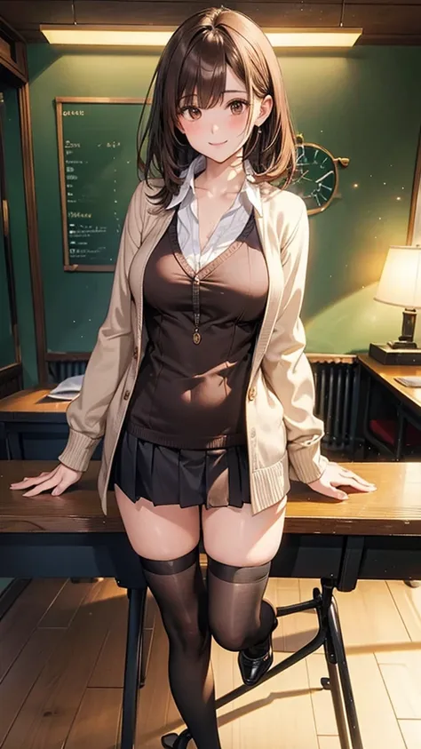 4K resolution,((Highest quality)), Ultra-high resolution,Adult women, alone, sexy, (A teasing smile), (Brown eyes), Beautiful and symmetrical face, (Brown cut medium hair),Loose cardigan,Dress shirt,Pleated skirt,stockings,Realistic:1.4,Realistic:1.3,(mast...