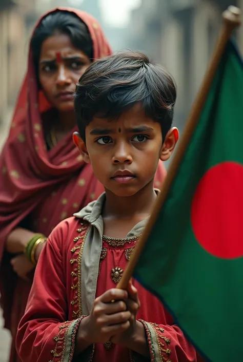 A bangladeshi boy whos hands hold bangladeshi flag. 
And her mom is crying for her son
