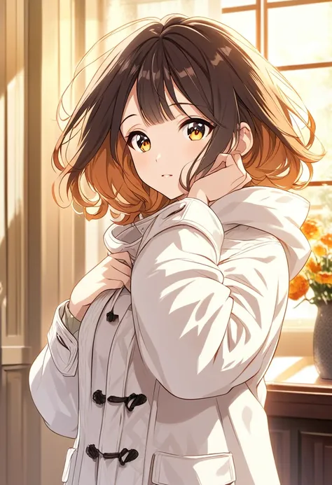 Anime illustration of a young woman in a white hooded coat, depicted in a cozy, stylish indoor setting, with a focus on the coat’s texture and the character’s fashionable pose, using warm, rich colors and detailed shading to enhance the mood.