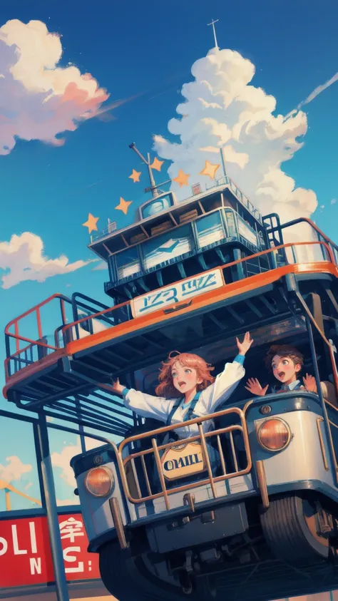 Create an image featuring a dramatic roller coaster ride set against a bright blue sky with fluffy clouds. Replace the front of the roller coaster with a cute girl who has a terrified expression, her mouth wide open in a scream and her eyes bulging as she ...