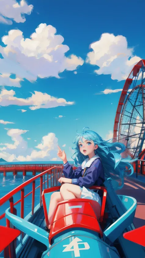 Generate an image set against a vibrant blue sky with puffy clouds, where a roller coaster zooms through a series of sharp loops and turns. Replace the face at the front of the roller coaster with a cute girl who looks terrified, her eyes wide and mouth ag...