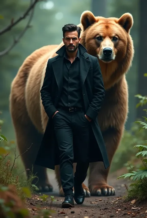 man resembling Can Yaman in flowing black coat walking with hands in pockets, with a huge brown bear behind him