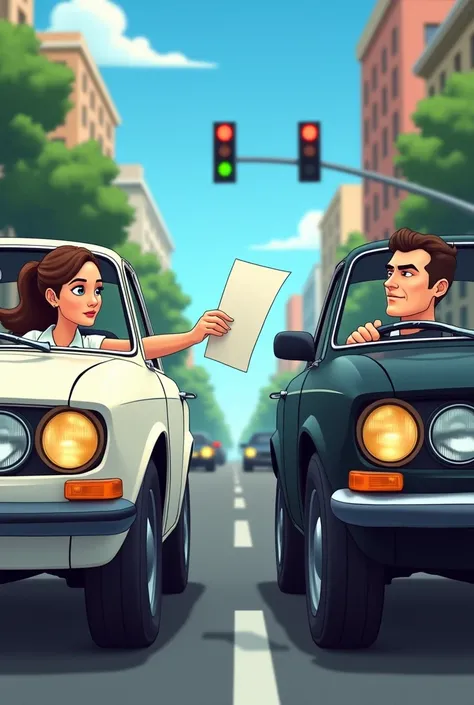 create a photo on a road with two cars, one side of the other, with one being black and the other white, both lined up stopped at the traffic light, put a female hand in the car handing a paper from the white car to the black car, animation style, the pers...