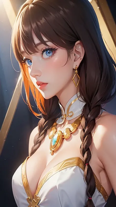 a beautiful woman in white dress, anime style, 8k, jewelry, blue eyes, braid, earrings, brown hair, twin braids, dress, white dress, long hair, necklace, bangs, mul(eye arts:0.7)(eyes arts:0.7)(uhd 4k eye:1.3)(detailed:1.2)(better hand:1.5)ticolored hair