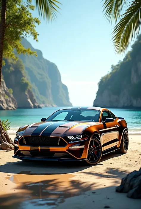 Create  a realistic image of mustang and realistic  sea side and nature  in background 