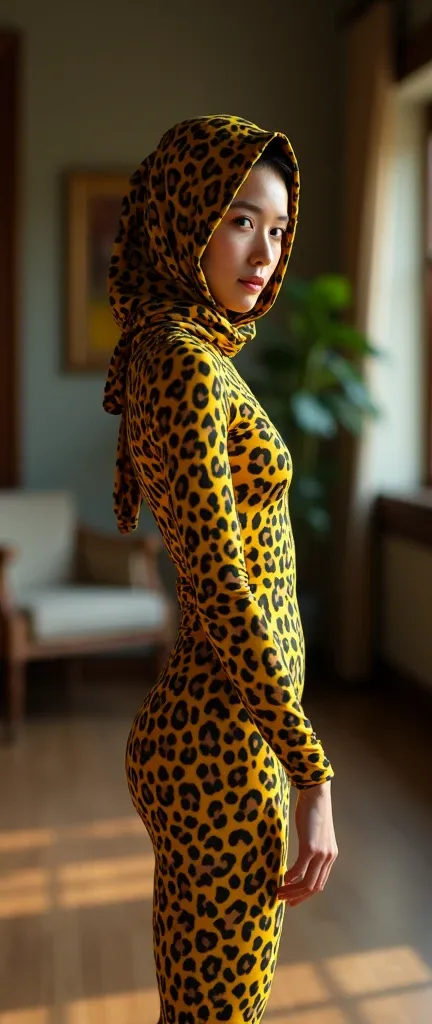 A most beautiful and thin 29 years old taiwan contortion girl  wears yellow leopard Lycra turtleneck unitard catsuit covered with seamless black leopard paterns.She always wear leopard print Lycra dancewear hijab-like hood.She has beautiful cheeks on her f...