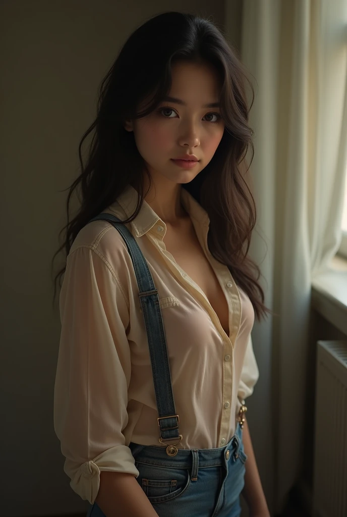 16 year old, European, brunette, big eyes, button-down shirt, small breasts, see through nipples, denim leggings with suspenders, ray tracing, HDR