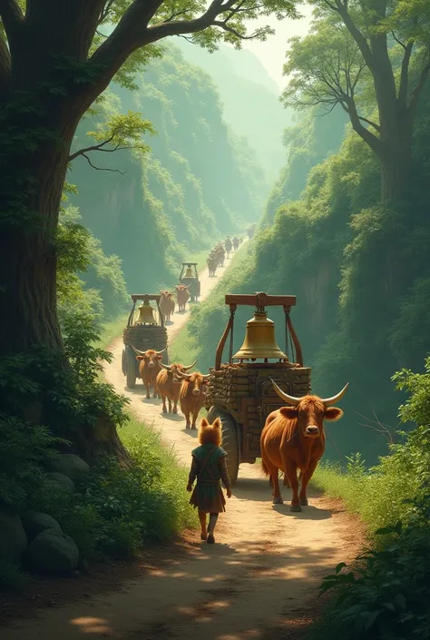 A Pomeranian man pulling a team of oxen carrying a church bell and other teams of oxen on top of a cart and people follow along a precarious road surrounded by the Atlantic forest.