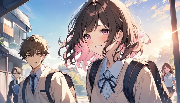 good looking,high school student,1 male,1 female,Medium Hair, Dark brown hair, Pink highlights on the tip, Pale pink eyes,Smile Facial,Blue Sky Morning,Light of the sun,seihuku,Going to school