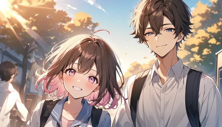 good looking,high school student,1 male,1 female,Medium Hair, Dark brown hair, Pink highlights on the tip, Pale pink eyes,Smile Facial,Blue Sky Morning,Light of the sun,seihuku,Going to school