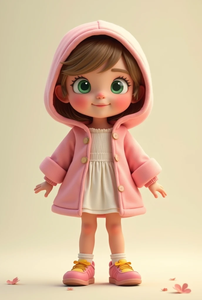 Very small little white girl, short light brown hair , pink hood and pink dress and white blouse inside the dress with pink shoes and yellow in front, super happy green eyes and red cheeks, Round face