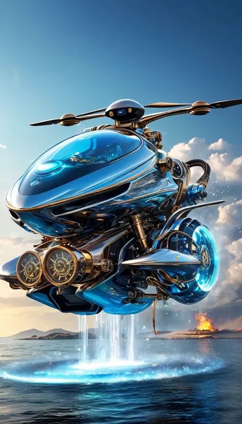 fusion of drone, motorcycles and hovercraft, flying motorcycle, four propellers, futuristic streamlined form, fusion of (cyber, ...