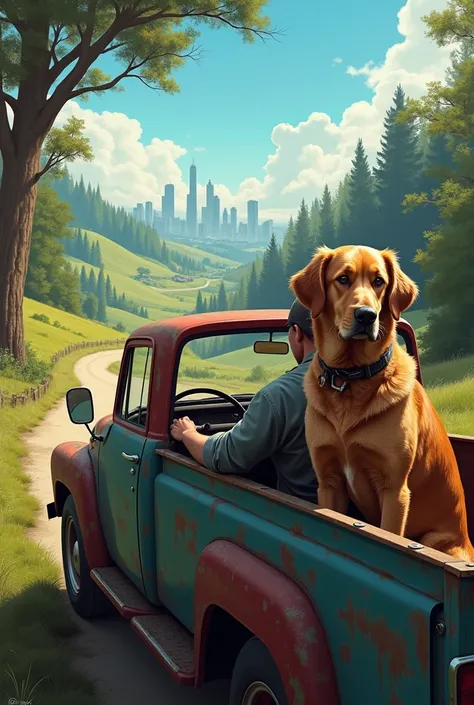 A farm dog accompanying his owner in a pickup truck to the city 