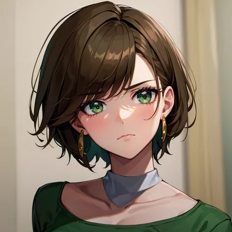 short hair, Brown hair, Breasts, Bright green eyes,Frowning, earrings, 