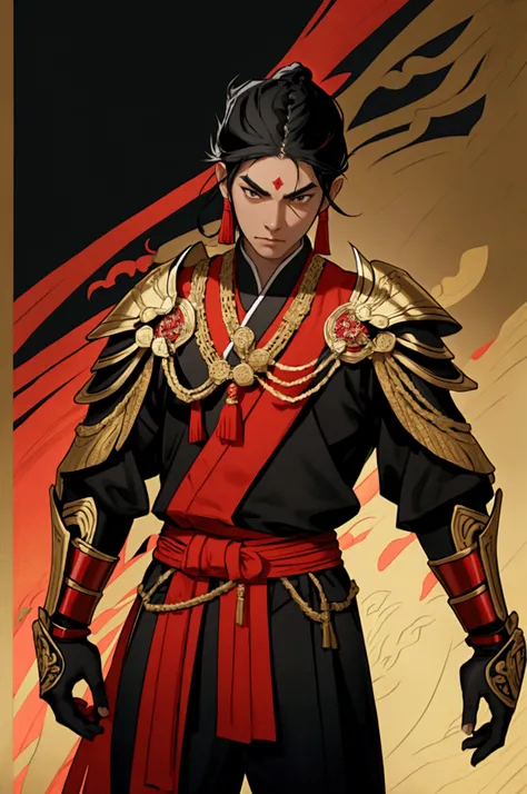 His Majesty is black, Male characters,black hair,Black eyebrows,Wearing black and red Thai armor,Holding a Thai sword,Wear Thai warrior pants,