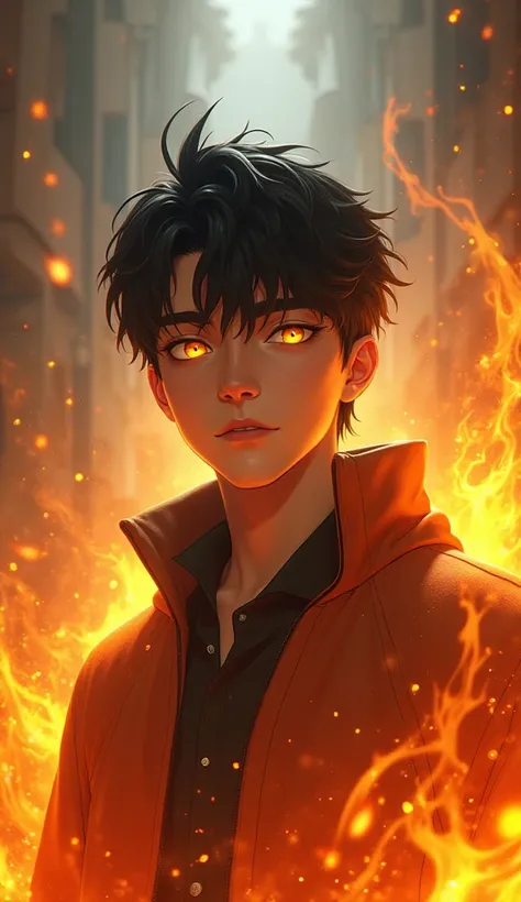 high detail, Clarity, 8 cc, young guy, age 27 , black hair, short haircut, yellow eyes, I am standing in fire, Realism, Fantasy,