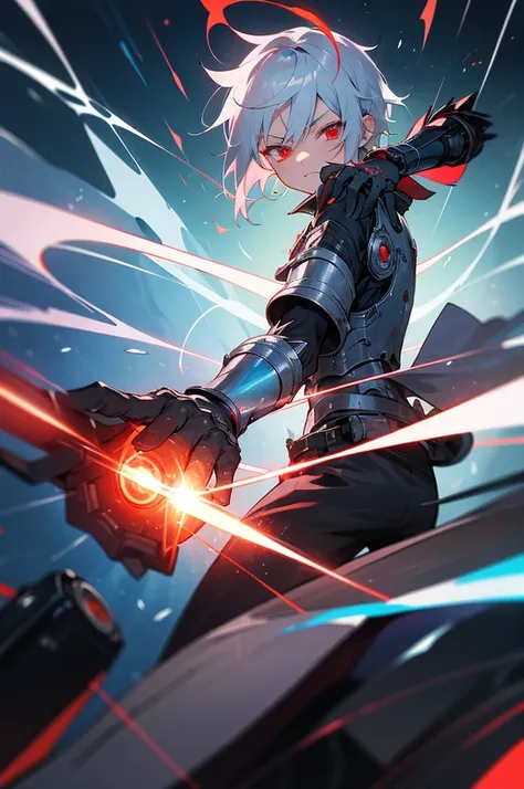 Silver-haired, red-eyed boy, about 7 years old, Shota, Cyborg, Right armｂto a cannon、Charged with blue energy. Sense of speed. A cannon charged with a large amount of red energy is coming from his back and pointing towards us. Background: Cracked hologram....