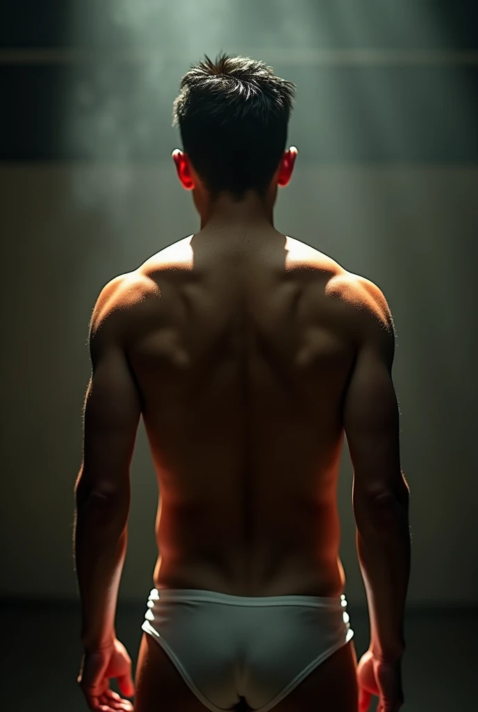 a handsome Asian man, he is wearing a springy white tank top, wet, standing on his back showing his ass, dramatic lighting, hyper-realistic, 8k, high quality, intricate details, cinematic composition, glowing skin, dramatic atmosphere, moody lighting