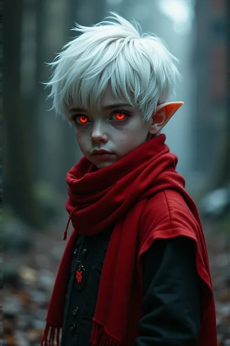 A boy with white hair and red eyes wearing a red scarf and clothes 