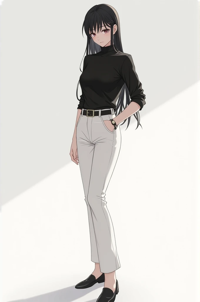 Ideal tall female anime character and black shirt and white pant and black shoes with with background 