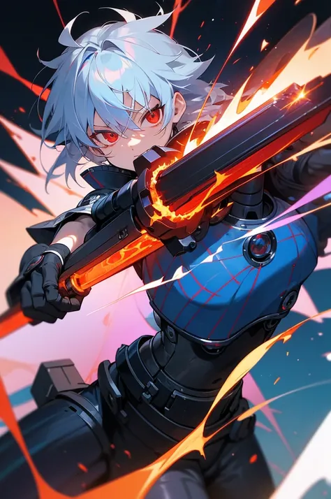 Silver-haired, red-eyed boy, about 7 years old, Shota, Cyborg, Right armｂto a cannon、Charged with blue energy. Sense of speed. A cannon charged with a large amount of red energy is coming from his back and pointing towards us. Background: Cracked hologram....