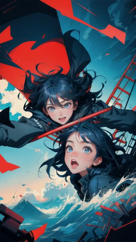 Generate an image featuring a wild roller coaster ride in front of a deep blue, chaotic background with sharp lines and a turbulent atmosphere. Replace the large character on the roller coaster with a cute girl who looks terrified, her mouth wide open in a...