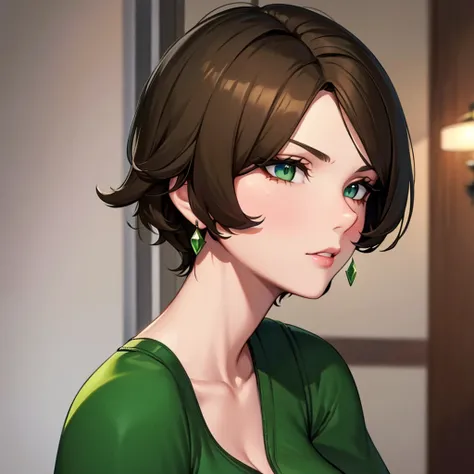 short hair, Brown hair, Breasts, Bright green eyes, earrings, contemptuous look, solo, 