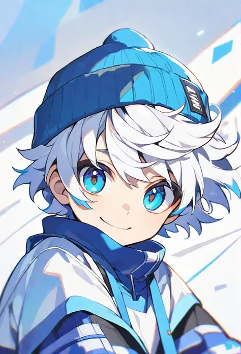 male,man,boy,short cut,blue eyes,white hair,white hair,Blue eyeshadow,eye smile,pretty,cute,Blue beanie,White and blue mixed clothes,Big, bright eyes,1 person,alone