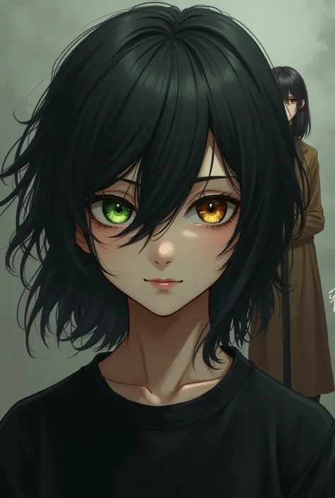 A boy with very long black hair one green eye and one brown eye with a black shirt, in the background an asian girl with a black shirt and a long brown coat, with blond hair and black at the tips of the hair