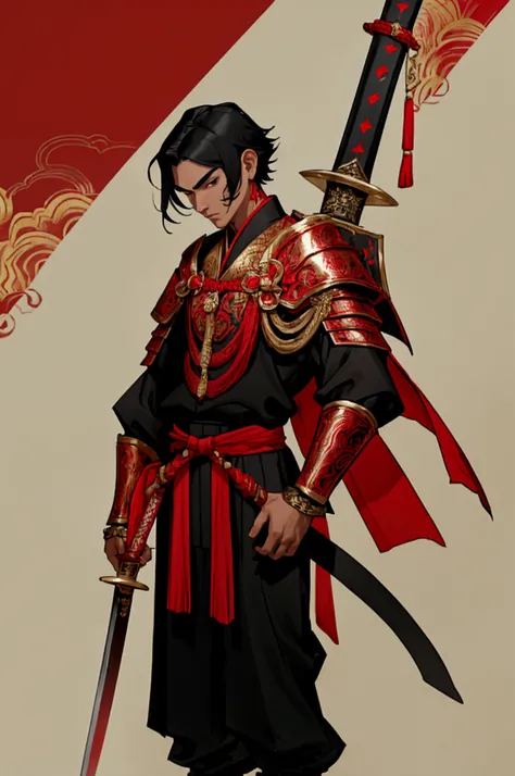 His Majesty is black, Male characters,black hair,short hair,Black eyebrows,Wearing black and red Thai armor,Holding a Thai sword,Wear Thai warrior pants,shoe 