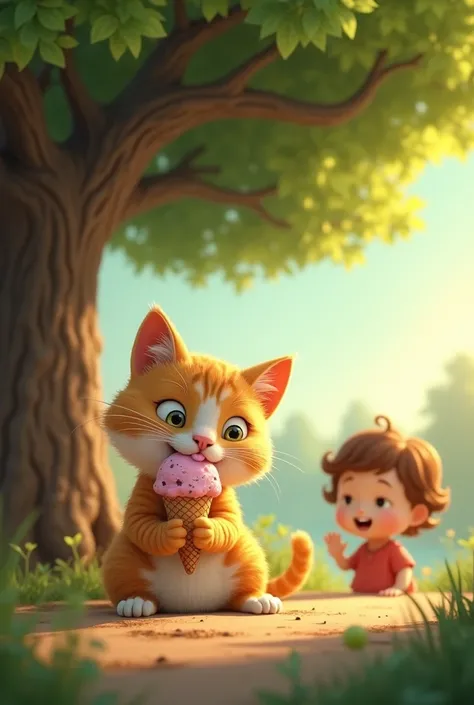 a tree, happily licking the ice cream cone. The child is seen in the background, looking disappointed but slightly amused, as they approach the cat. The sunlight filters through the tree leaves, casting a peaceful glow over the scene.