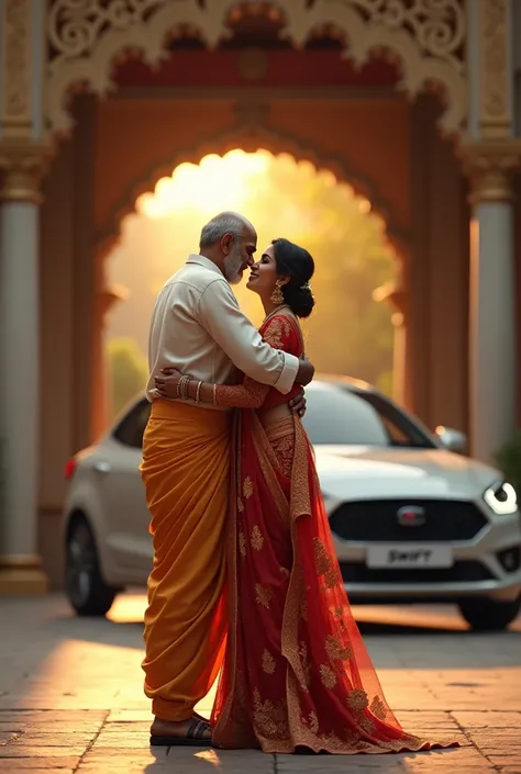 
father with shirt and dhoti making bye to his daughter. Groom waiting with swift caroutside the marriage Hall