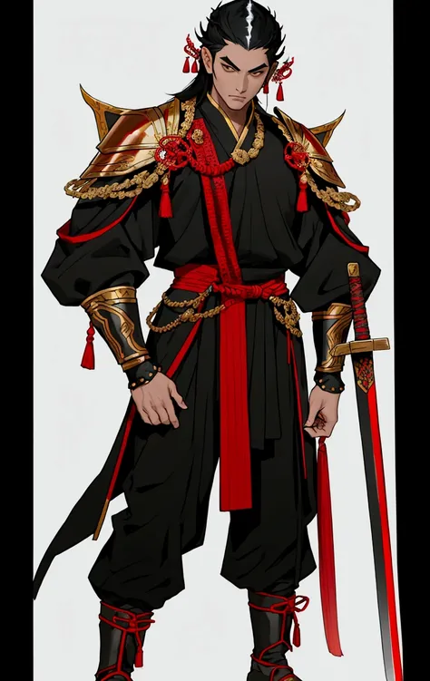 His Majesty is black, Male characters,black hair,Black eyebrows,Wearing black and red Thai armor,Holding a Thai sword,Wear Thai warrior pants,Put on your shoes.