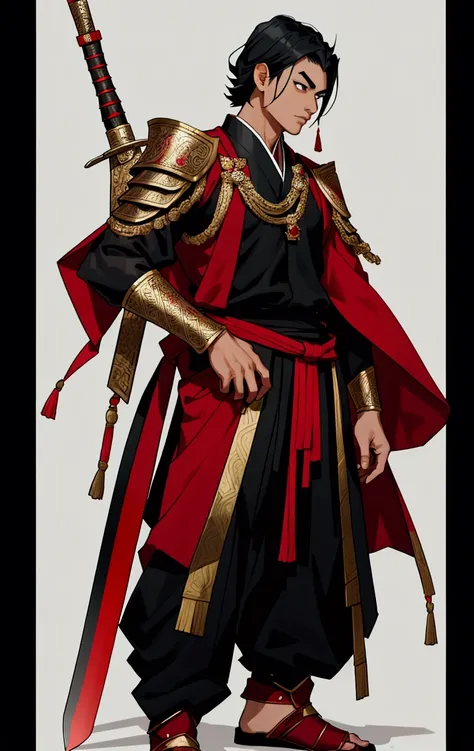 His Majesty is black, Male characters,black hair,Black eyebrows,Wearing black and red Thai armor,Holding a Thai sword,Wear Thai warrior pants,Put on your shoes.