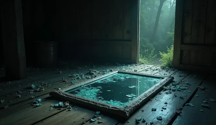 The shattered mirror with broken glass scattered on the floor. The cabin’s walls seem to be closing in, creating a sense of claustrophobia and danger.