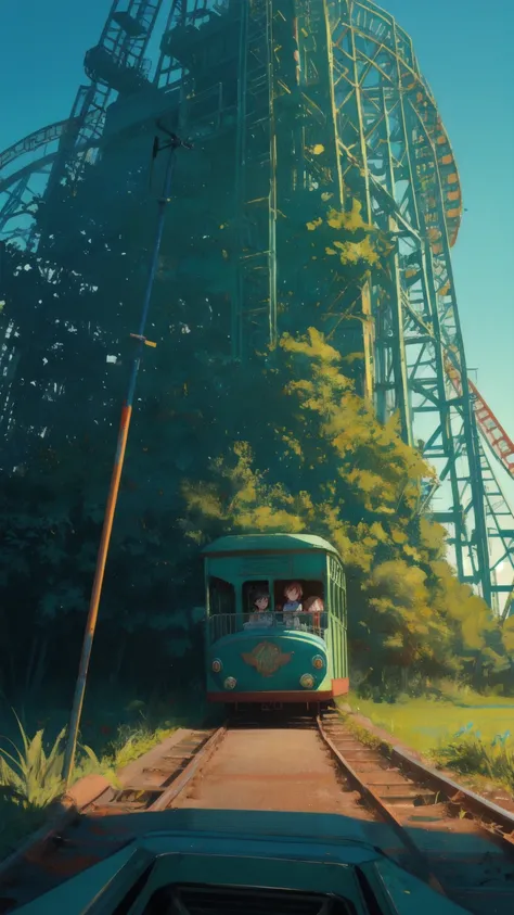 "Design an image of a roller coaster ride set against a misty, blue-green sky. Replace the frog in the roller coaster car with a cute girl who has a curious yet cautious expression, as if shes bracing herself for the unpredictable twists ahead. The roller ...