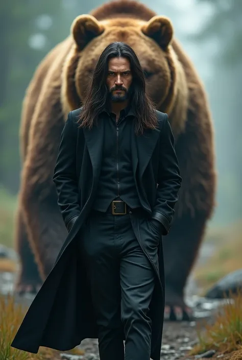 man resembling Can Yaman, long hair and strong look, in a flowing black coat walking with his hands in his pockets, with a huge brown bear behind him