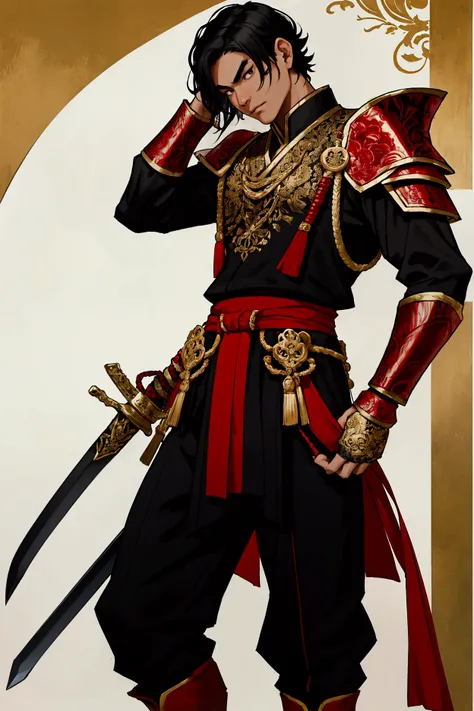 His Majesty is black, Male characters,black hair,short hair,Black eyebrows,Wearing black and red Thai armor,Holding a Thai sword,Wear Thai warrior pants,shoe