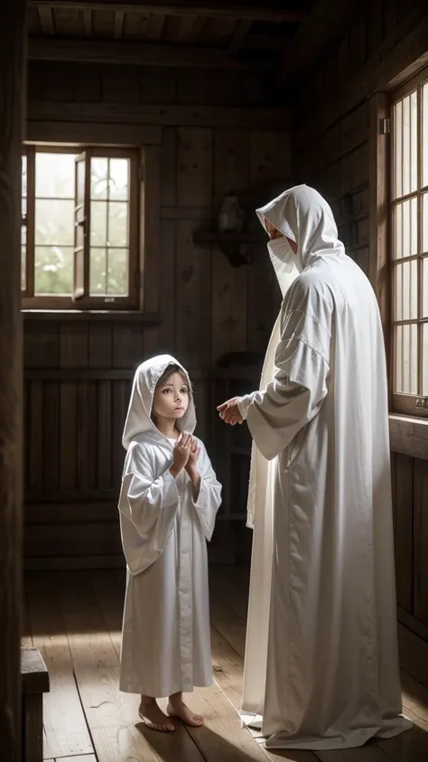 Create a realistic scene in an ancient setting where two young angels, dressed in completely white robes and hoods partially covering their faces, are standing talking to an elderly man, who is also standing. The setting is the interior of a rustic and sim...