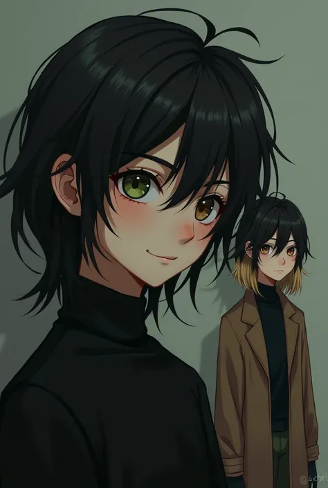 A boy with very long black hair one green eye and one brown eye with a black shirt, in the background an asian girl with a black shirt and a long brown coat, with blond hair and black at the tips of the hair