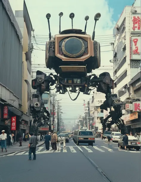 apocalyptic a robot with a large turret on its top, spider robot tank, reelmech, mechanical parts, machinery, joints, 
There are many cars and people on the city streets., Japan 1980s, Downtown Japan, Tokyo cityscape, Japan Streets, vintage footage of Toky...