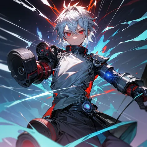 Silver-haired, red-eyed boy, about 7 years old, Shota, Cyborg, Right armｂto a cannon、Charged with blue energy. Sense of speed. A cannon charged with a large amount of red energy is coming from his back and pointing towards us. Background: Cracked hologram....