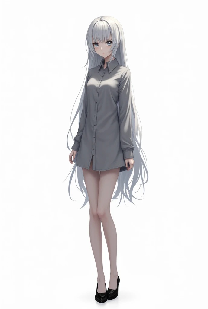 Ideal tall female anime character and grey hair and shirt outfit and black shoes with white background 