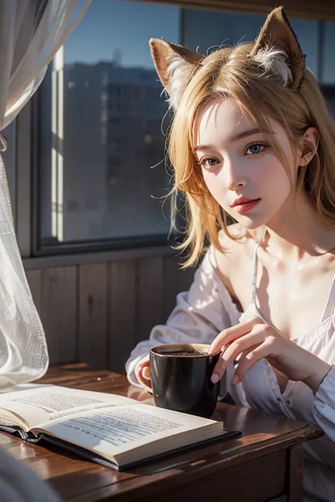 masterpiece: 1.2, Portraiture, Highest quality), Realistic, (Live Action, Intricate details, Written boundary depth), Highest quality, masterpiece, Attention to detail, semi-Realistic, Drinking coffee in the morning , shy, 21 years old, Short blonde, blue ...