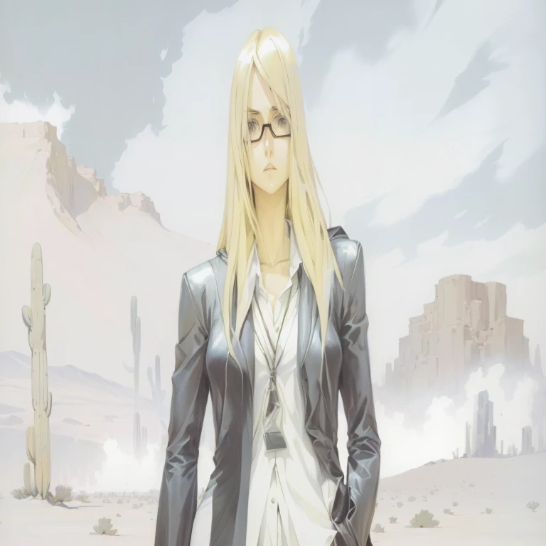 Blonde woman with glasses and white shirt standing in the desert, leiji matsumoto, Ishida Sui Art Manga, Hajime Isayama&#39;s style, style of Yoshitaka Amano, Inspired by Amano, bastien yoshitaka amano, amano yoshitaka, Thin Male Fantasy Alchemist