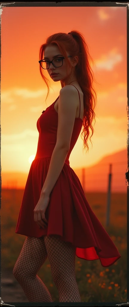 Gothic nerd girl, 35 years old, red hair, ponytail, nerd glasses, wearing summer dress, wearing intricate fishnet, wearing high heels, , intense sunset, Polaroid photo, Kodak portra 400, dof 24mm,