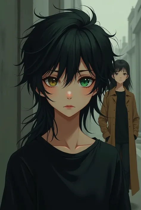 A boy with very long black hair one green eye and one brown eye with a black shirt, in the background an asian girl with a black shirt and a long brown coat, with blond hair and black at the tips of the hair