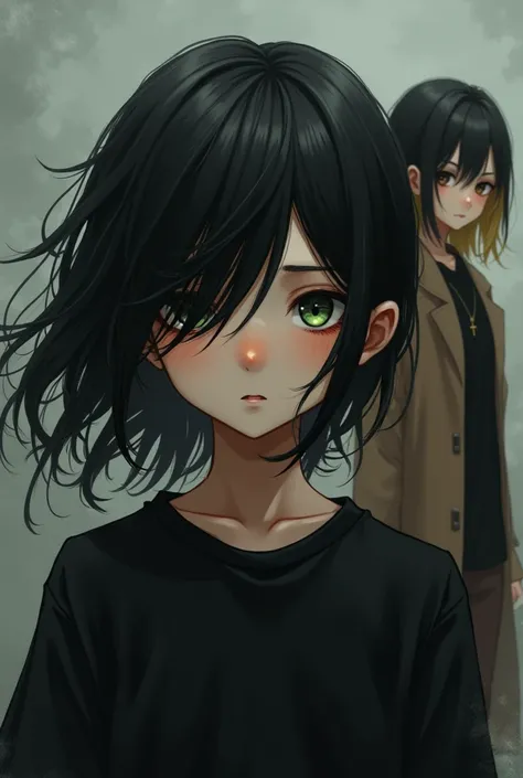 A boy with very long black hair one green eye and one brown eye with a black shirt, in the background an asian girl with a black shirt and a long brown coat, with blond hair and black at the tips of the hair