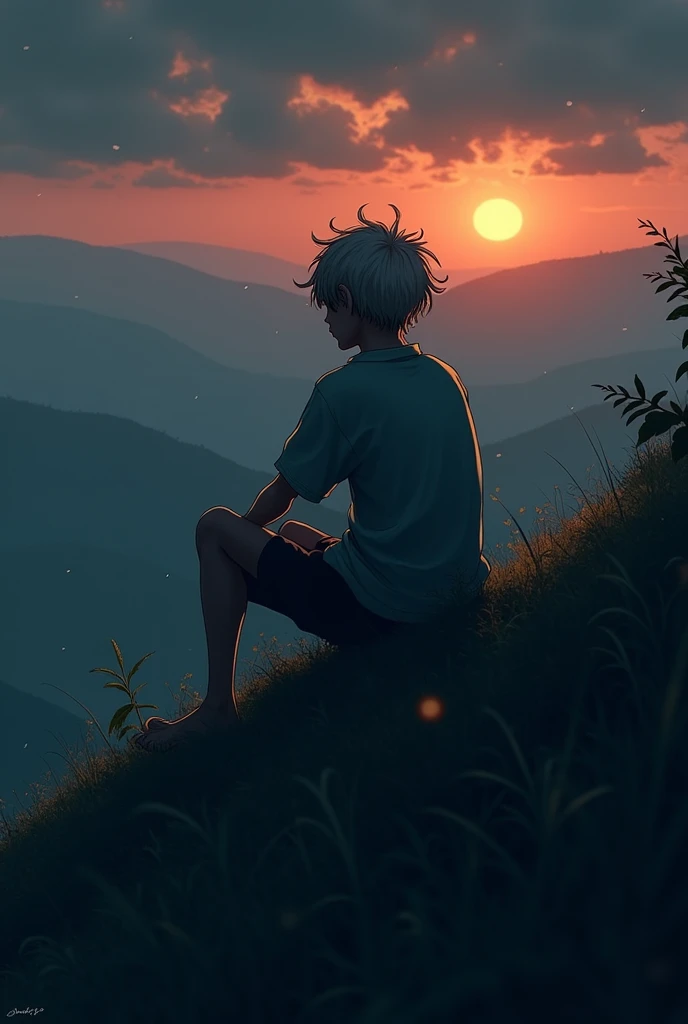 There is a 118 year old boy who is very worried. He is sitting on top of a hill, he is hopeless. It is sunset time. There is a lot of greenery below the mountain and there is dark color in the image. One or two drops of rain are falling and there is a lot ...